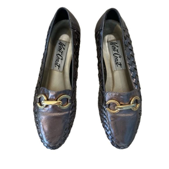 Vintage West Coast Woven Slip On Flats Loafers Pewter Gold Horse-bit Huaraches 9 - Picture 2 of 7